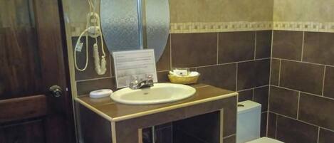 A bathroom with a sink, mirror, hairdryer, and toilet.