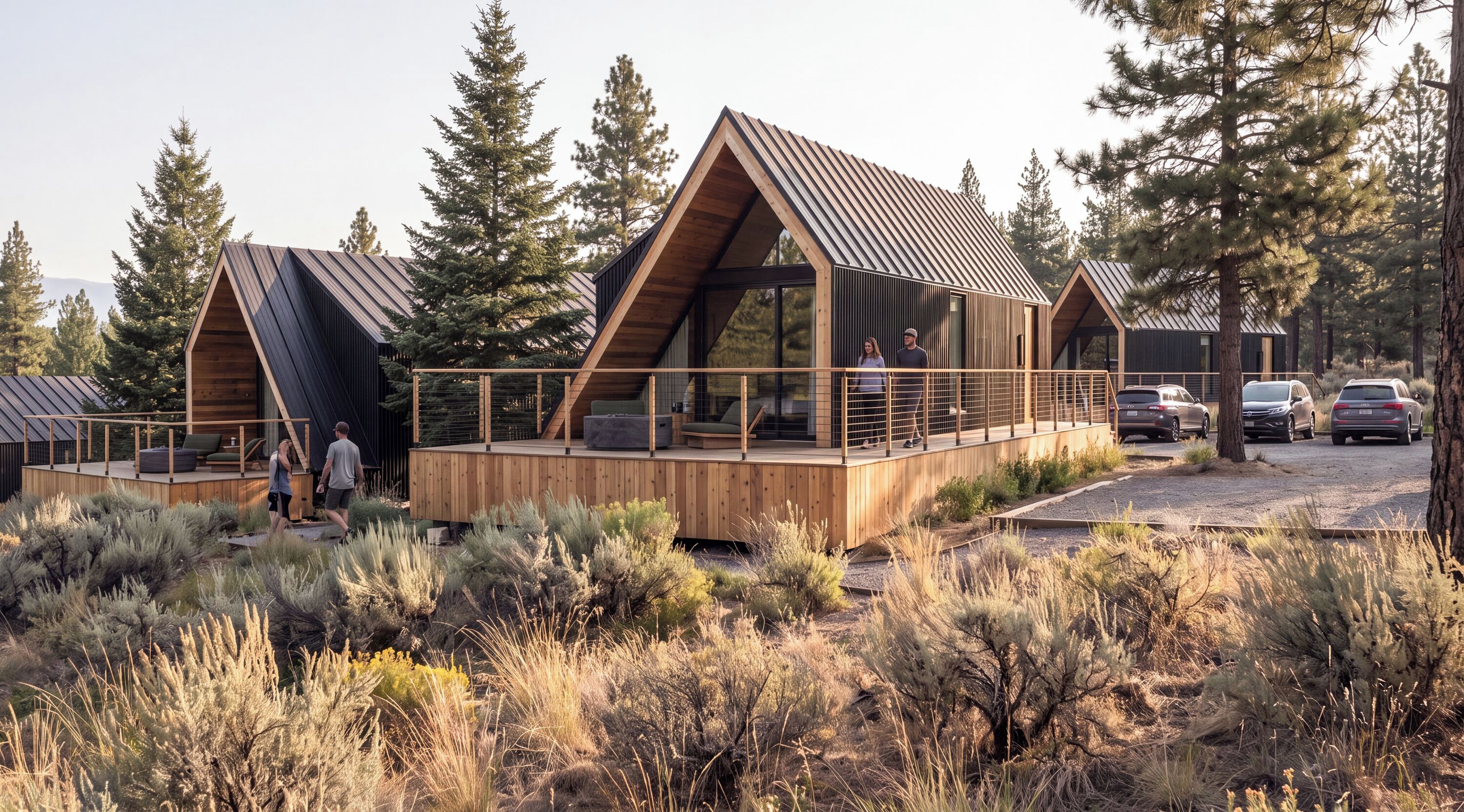 Une cabane moderne dotée d’une terrasse en bois, entourée de grands pins.