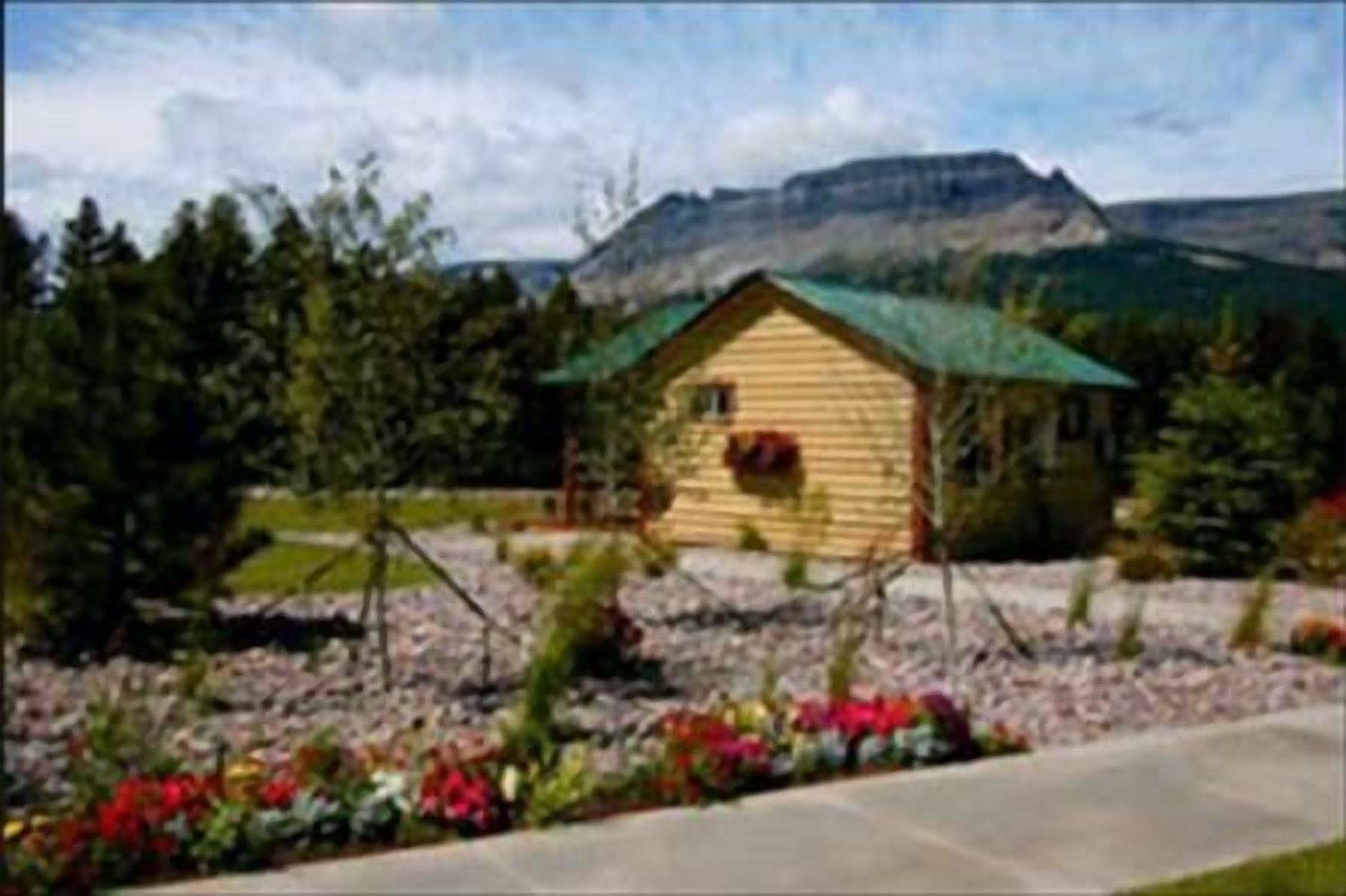 A wooden cabin with a green roof, surrounded by a garden with colorful flowers and a mountain in the background.