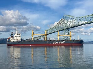 A large cargo ship named 'oldendorff' passing under a bridge. - Cannery Pier Hotel & Spa (Astoria)