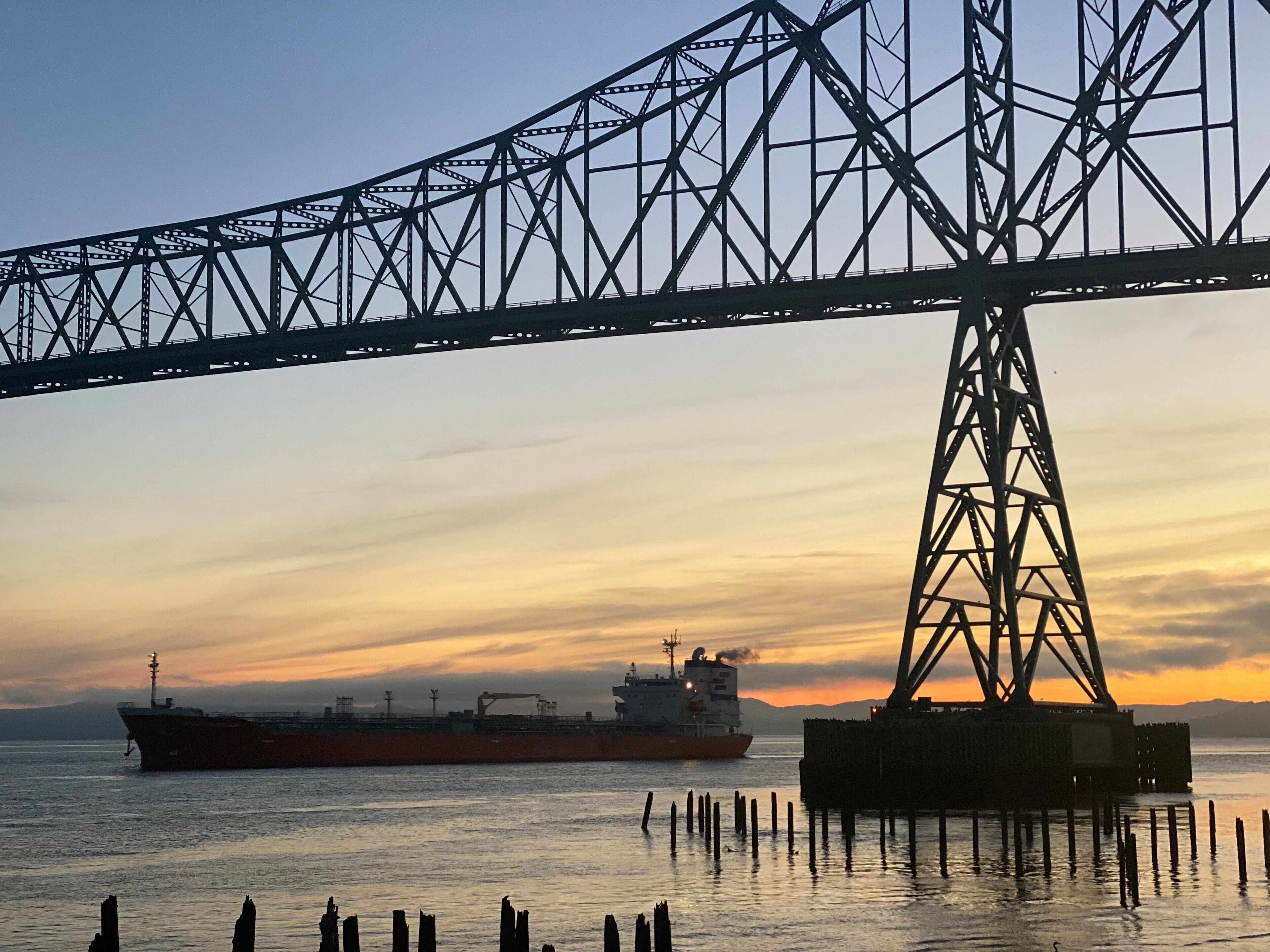 Un gran carguero amarrado en un muelle, con un puente al fondo.
