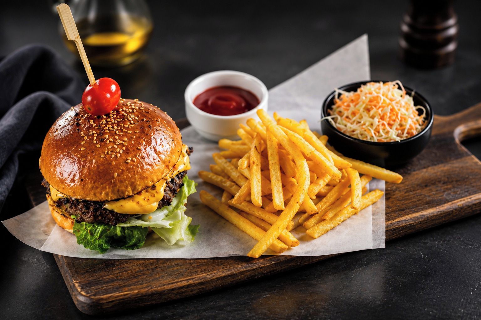 Een hamburger met sesamzaadbolletje, een rundvleeskroket, kaas, sla en een kerselaar op een spiesje, vergezeld van frieten en twee dipsausjes.