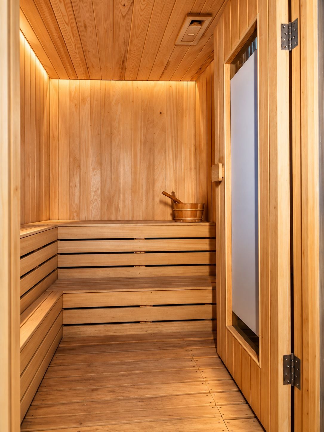 A sauna with wooden walls and benches, a bucket, and a door.