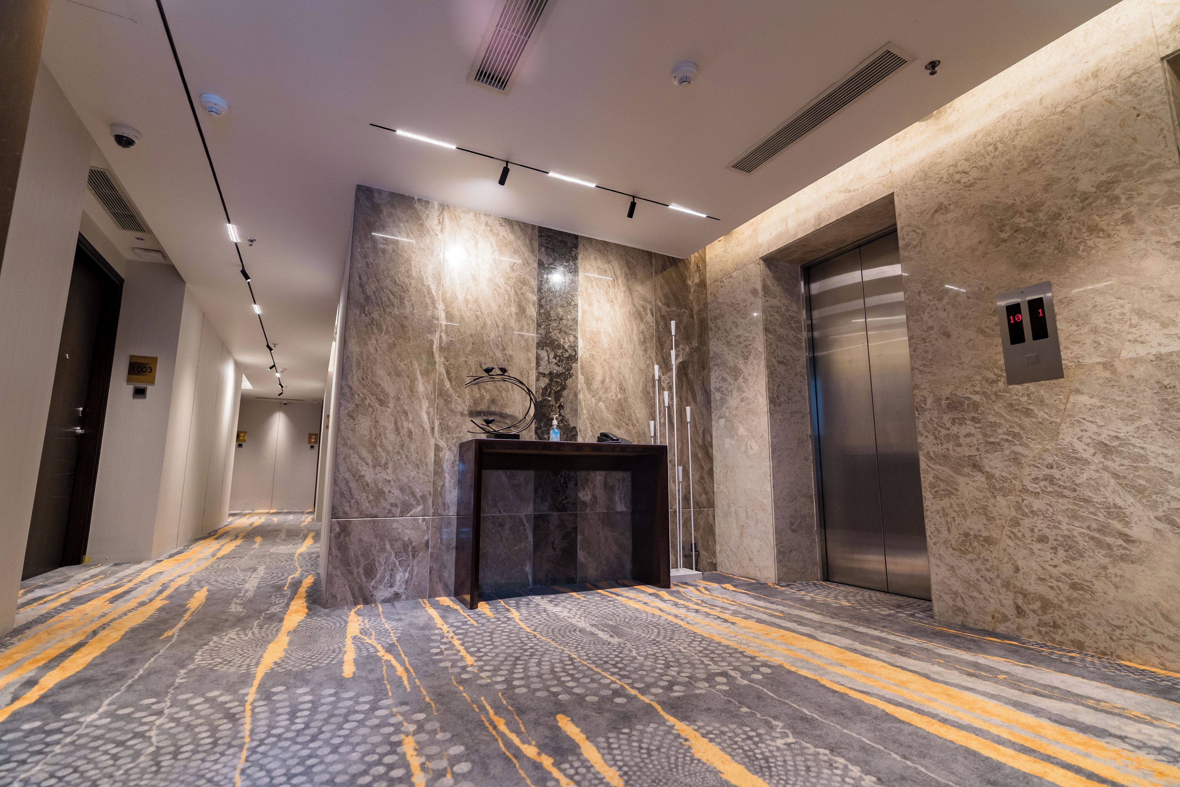 A modern elevator with a digital display, a marble wall, and a patterned carpet.