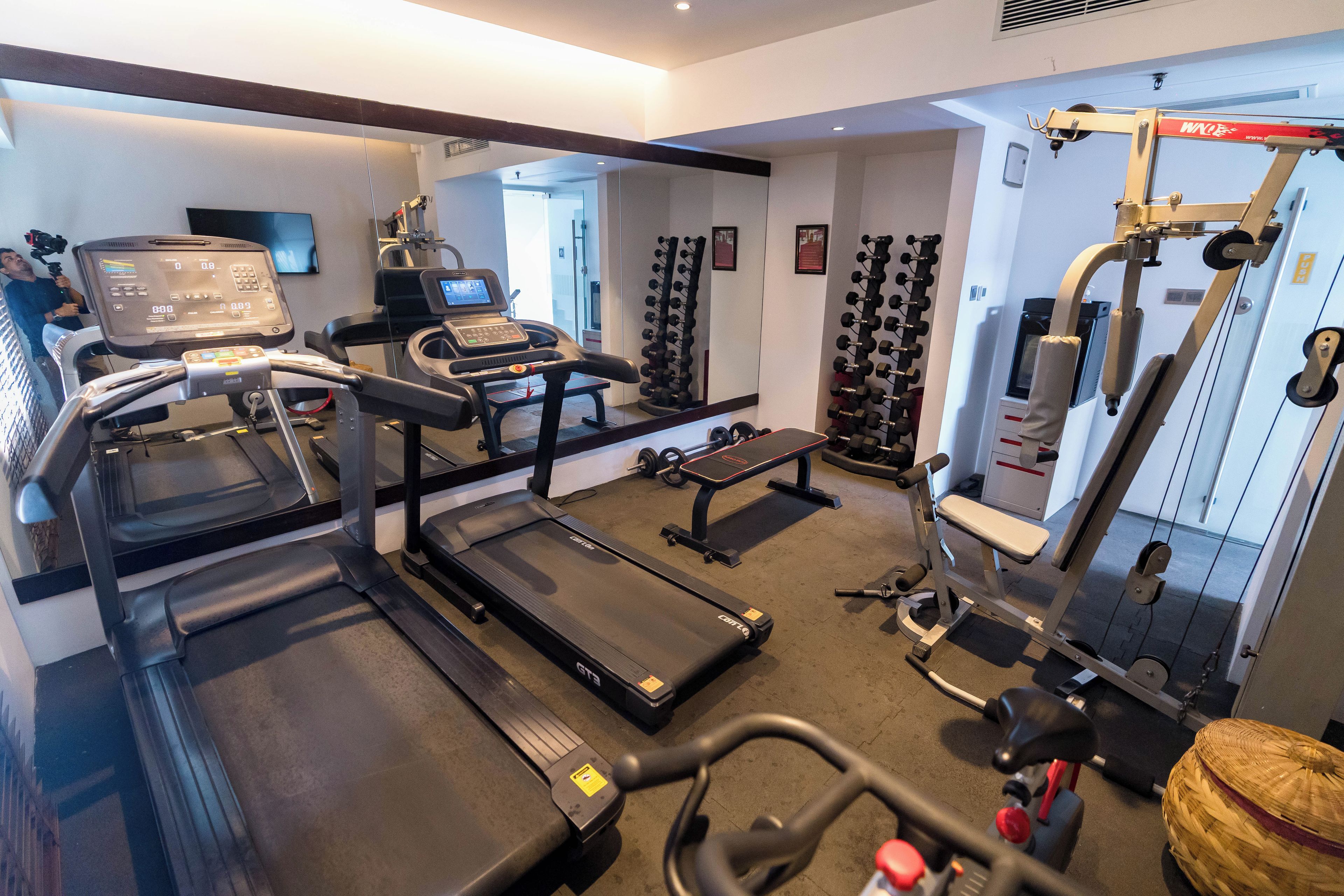 A gym with treadmills, a bench, dumbbells, and a weight machine.