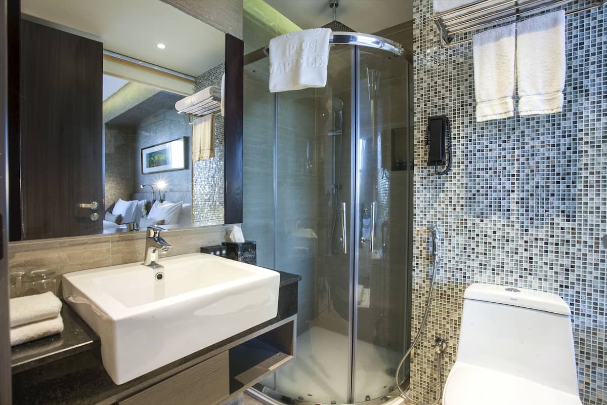 shower, rainfall showerhead, free toiletries, hair dryer