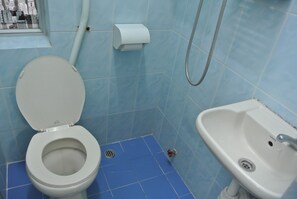 Un baño con inodoro, lavamanos y ducha.