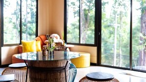 Ein modernes Wohnzimmer mit einem runden Couchtisch mit Glasplatte, einer gelb gepolsterten Couch und Blick auf einen Wald durch große Fenster.