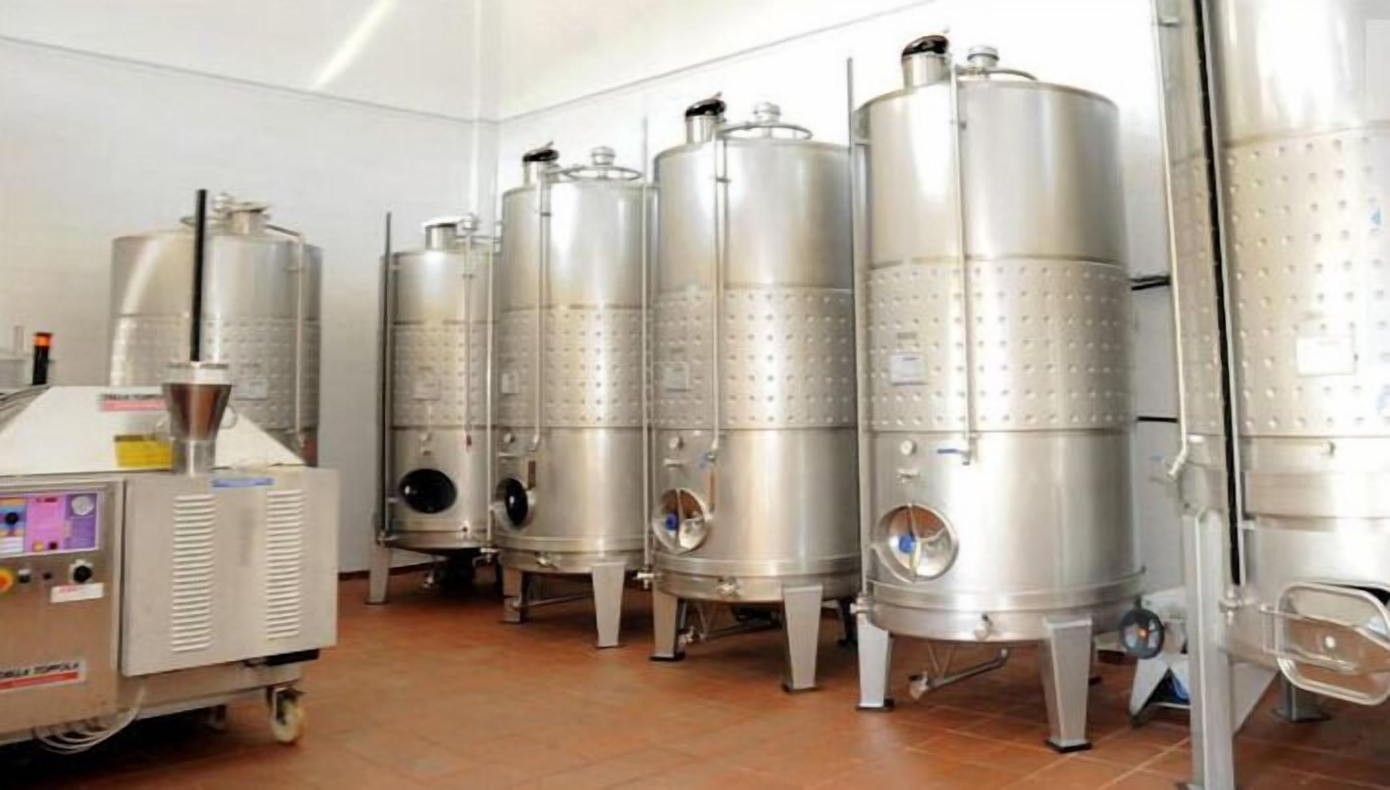 A series of stainless steel fermentation tanks in a clean, industrial setting.