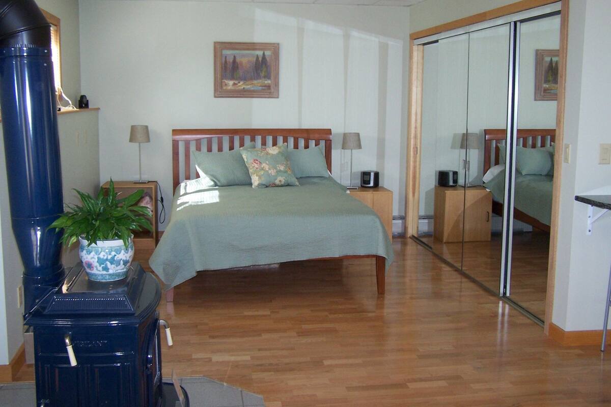 Un dormitorio con cama, mesitas de noche, un espejo y una planta en maceta.