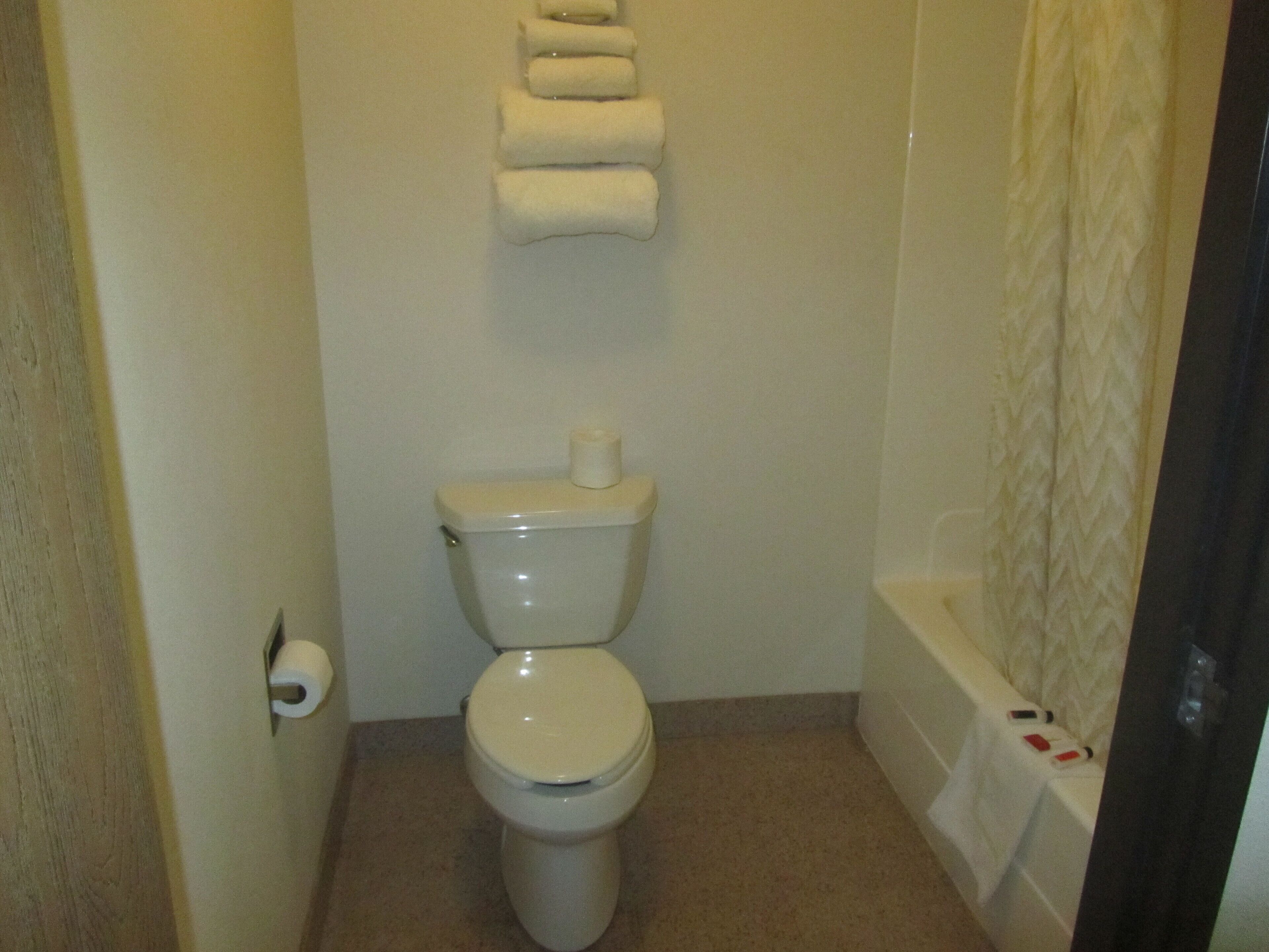 Ein kleines Badezimmer mit Toilette, einer Toilettenpapierrolle und einem Handtuchhalter mit drei Handtüchern.