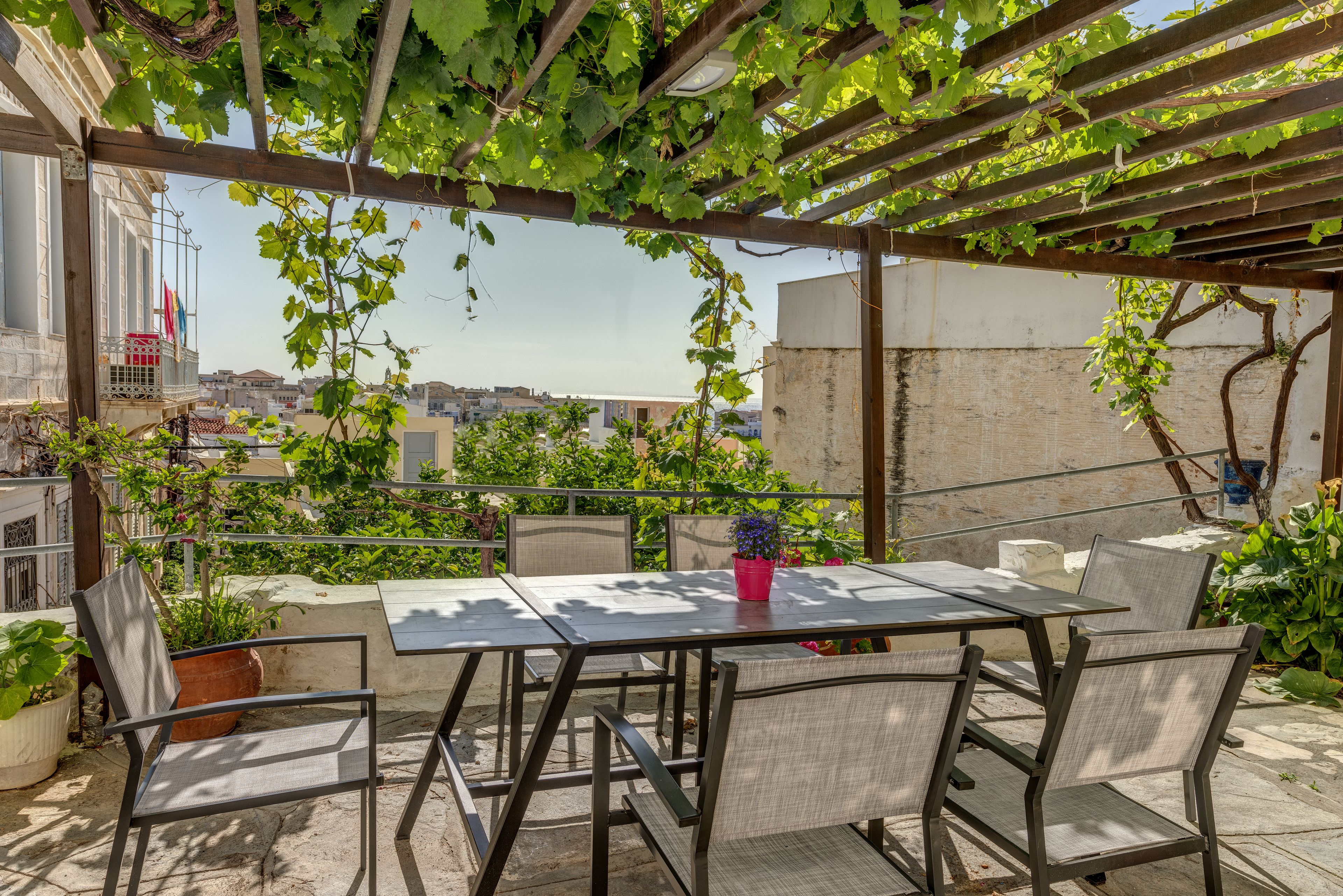 Een terras buiten met een tafel en stoelen, omringd door potplanten en een pergola begroeid met wijnranken.