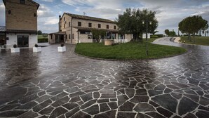 A courtyard with a stone floor, a building with a brick facade, and a tree. - Osteria dei Segreti (Appignano)