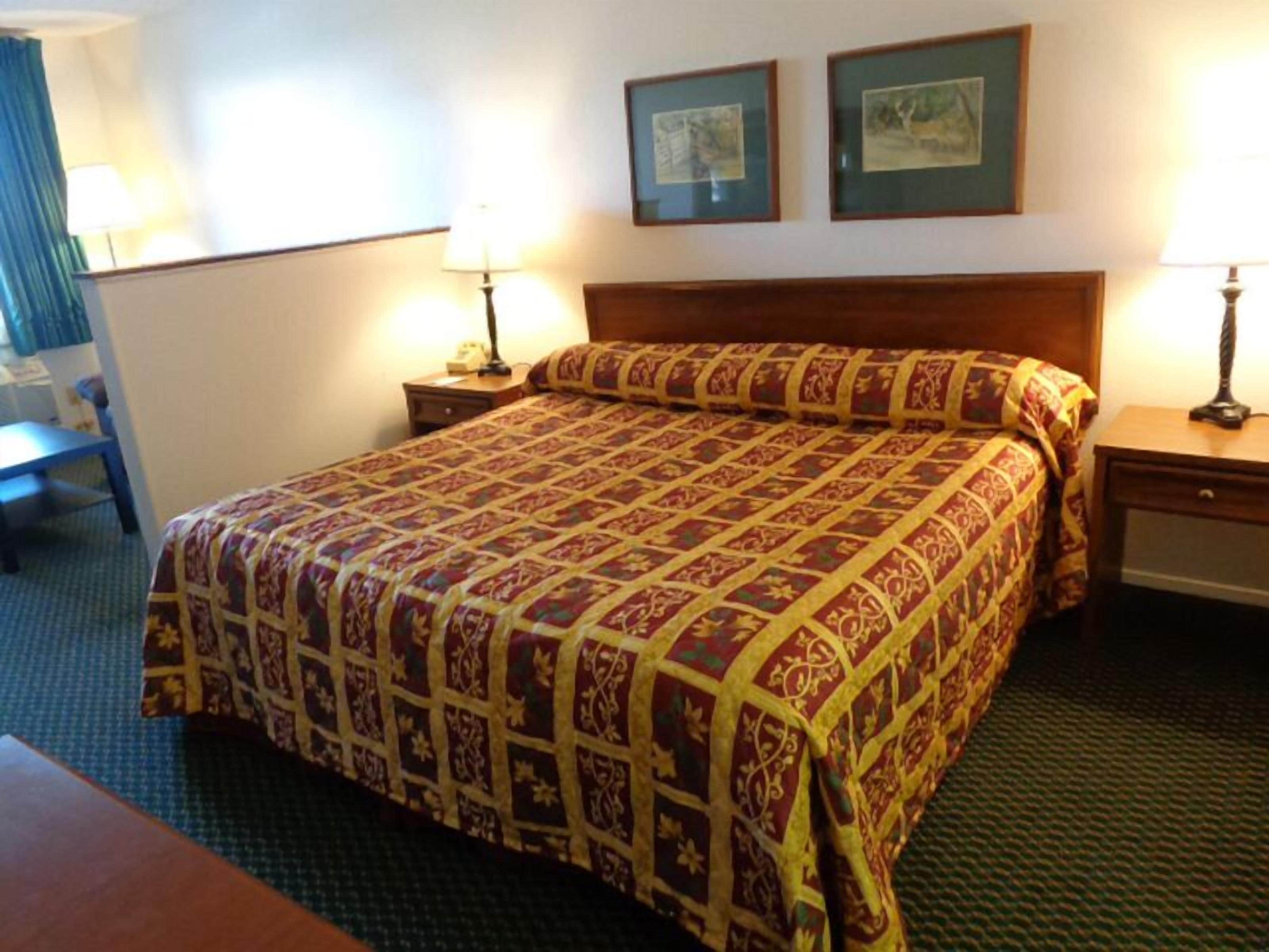 Habitación de hotel con una cama grande, dos mesitas de noche con lámparas, un escritorio y dos cuadros en la pared.