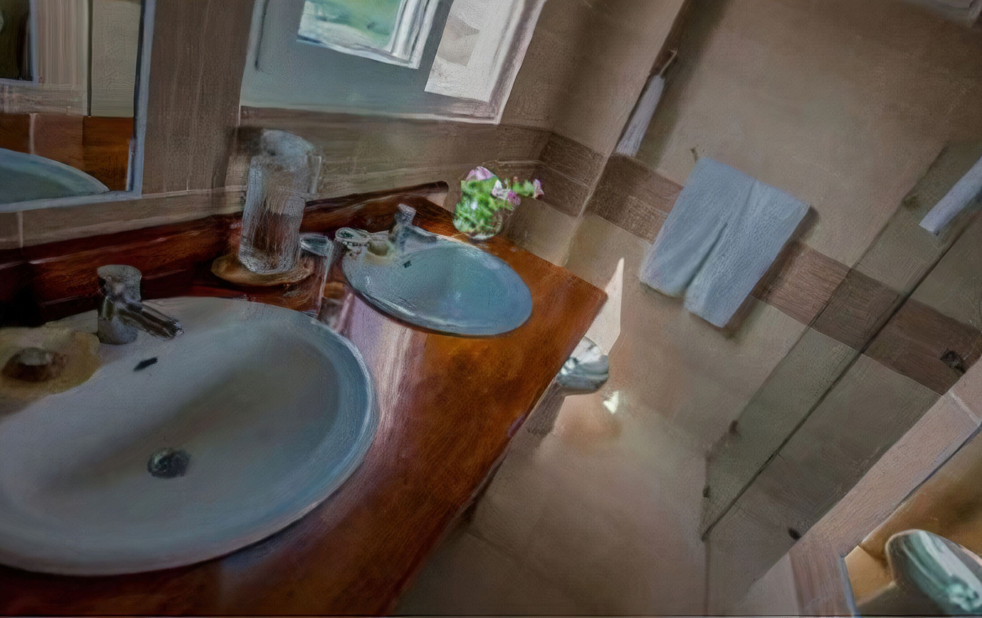 Une salle de bain avec deux lavabos, un miroir et un porte-serviettes.