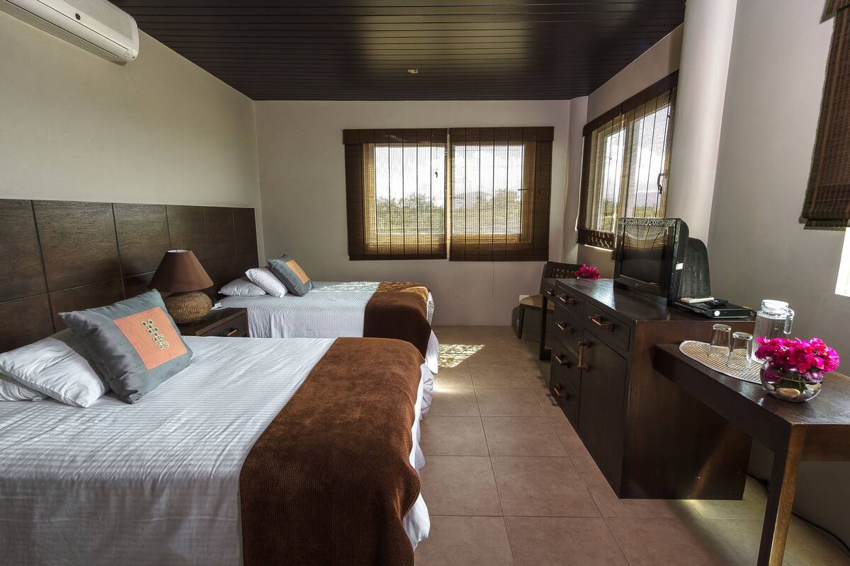 A hotel room with two beds, a desk, a television, and a window with curtains.
