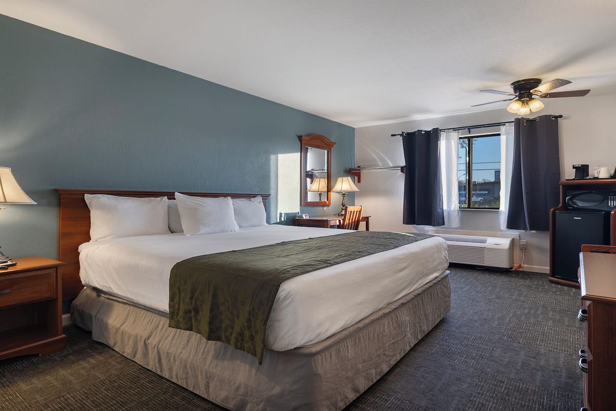 A hotel room with a large bed, bedside tables, a desk, a chair, a television, a microwave, and a ceiling fan.