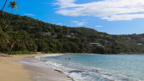 A beach with clear blue water, sandy shore, and houses on a hillside. - Sugarapple Inn (Bequia Island)