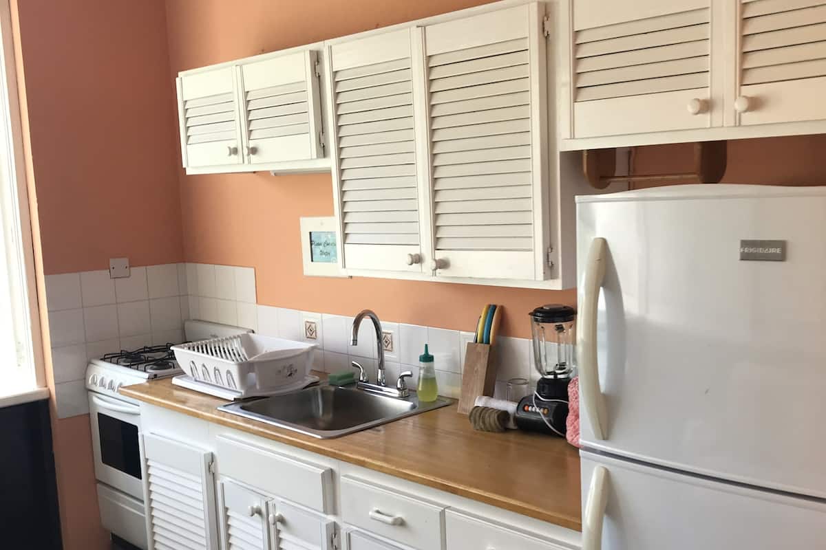 full-sized fridge, microwave, stovetop, coffee/tea maker