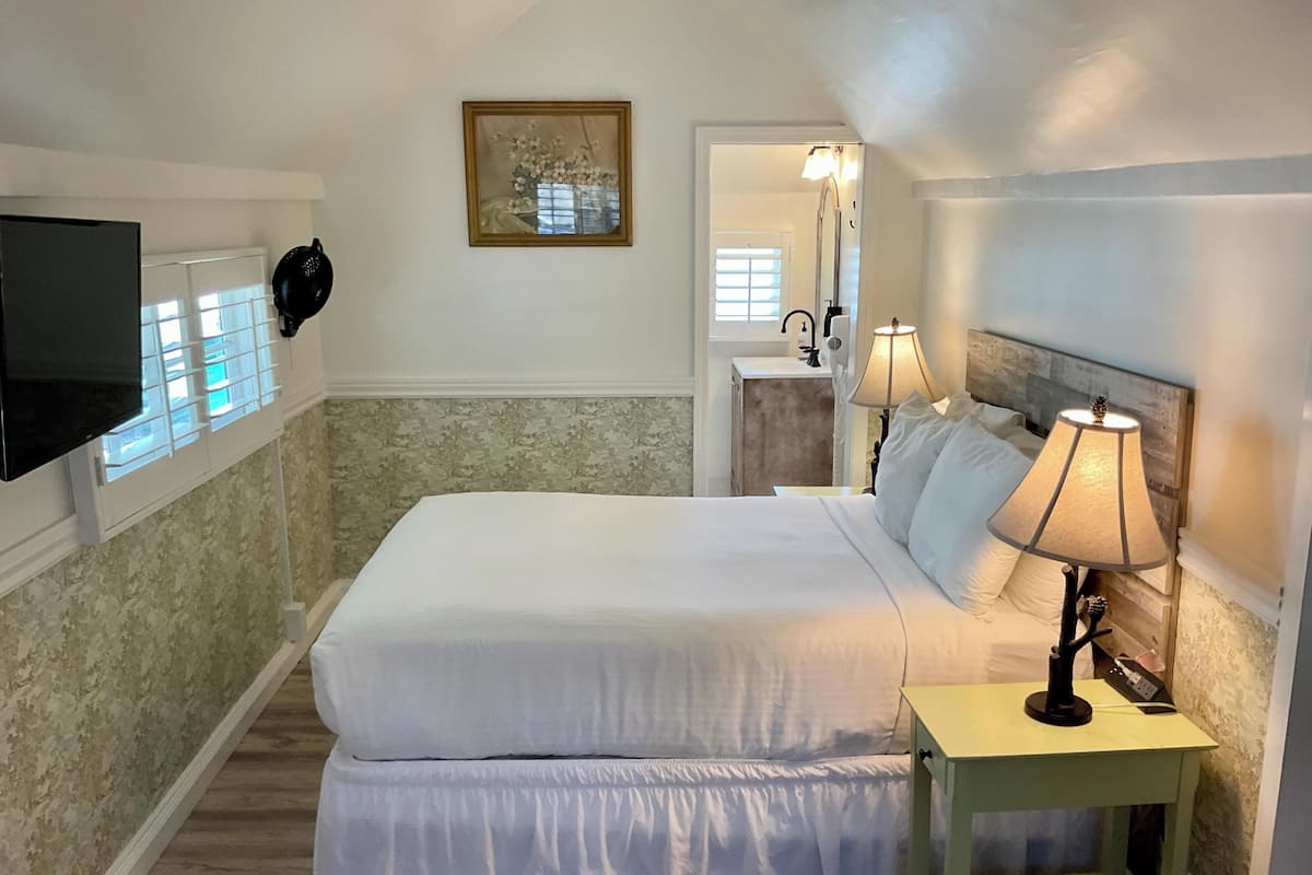 A bedroom with a bed, bedside lamps, a TV, and a mirror.