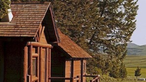A rustic wooden cabin with a steeply pitched roof, a front porch with a railing, and a view of a green landscape with trees and hills in the background. - Roosevelt Lodge & Cabins - Inside the Park (Yellowstone National Park)