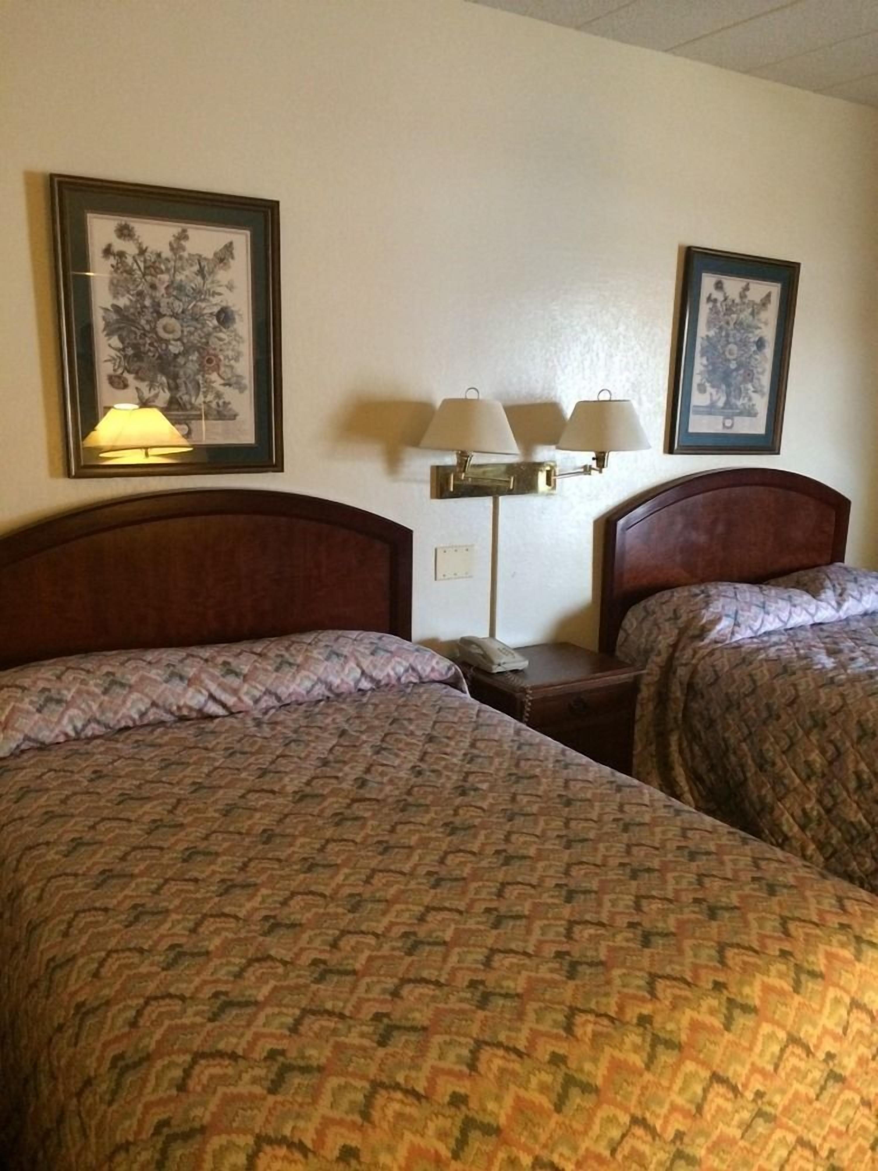 A hotel room with two beds, each with a patterned bedspread, a bedside lamp, and a wall-mounted lamp. There are framed floral artworks above the beds.