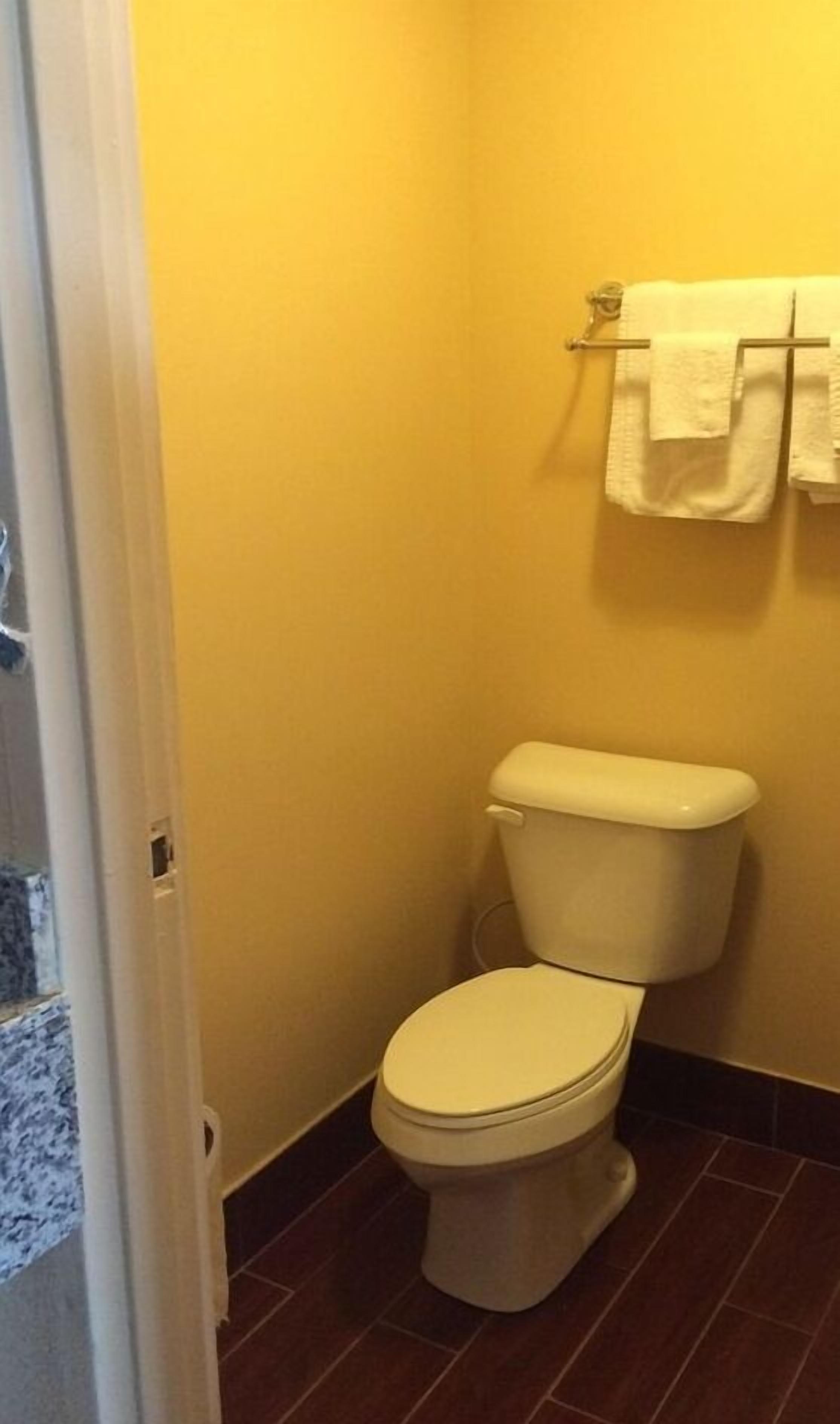 A small bathroom with a toilet, a towel rack with two towels, and a door leading to another room.