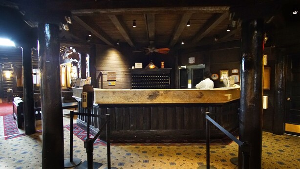 Una zona de bar con mostrador de madera, una persona detrás del mostrador y un suelo con diseño.
