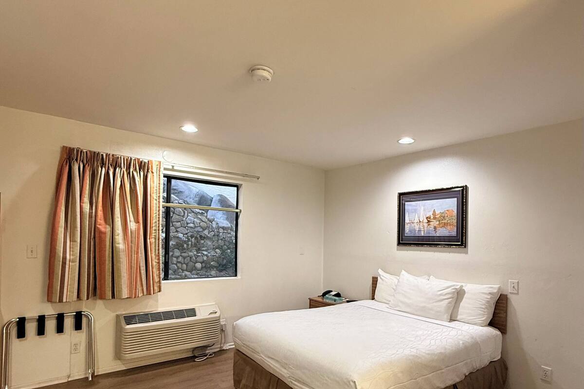 A bedroom with a bed, a window with curtains, a radiator, and a painting on the wall.