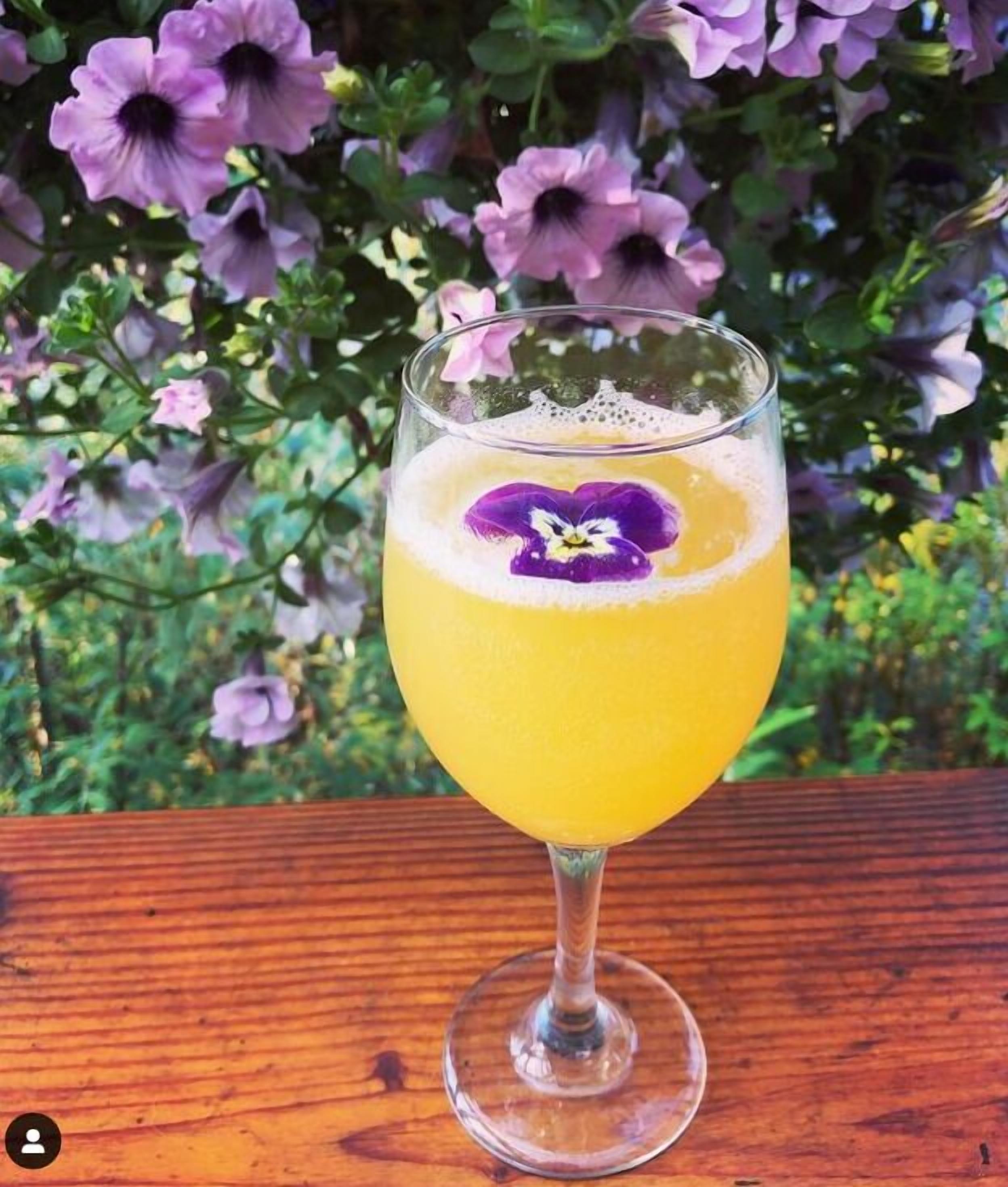 A glass of orange juice with a purple flower garnish on a wooden table.