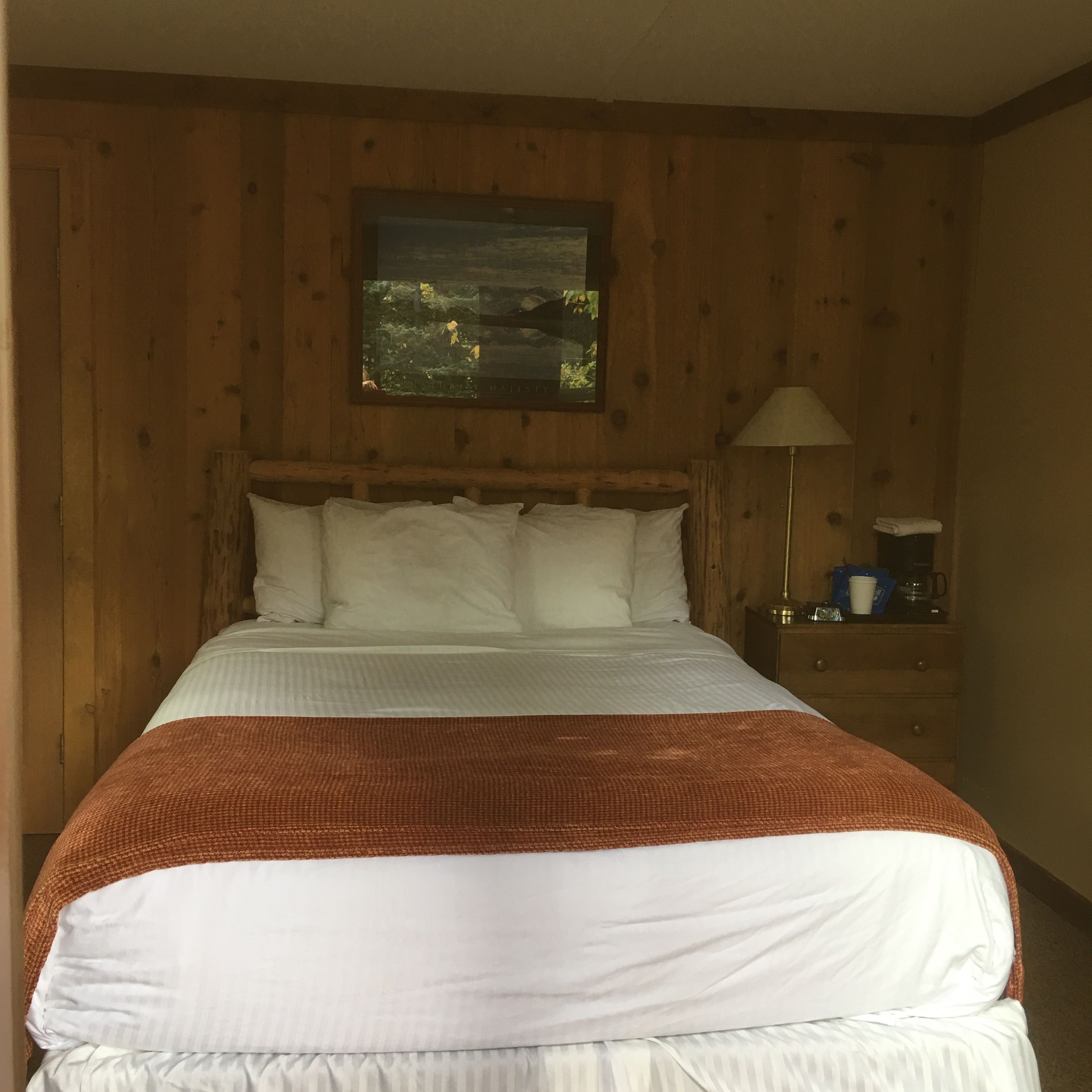 Una habitación con paneles de madera, una cama, una mesita de noche, una lámpara y un cuadro en la pared.