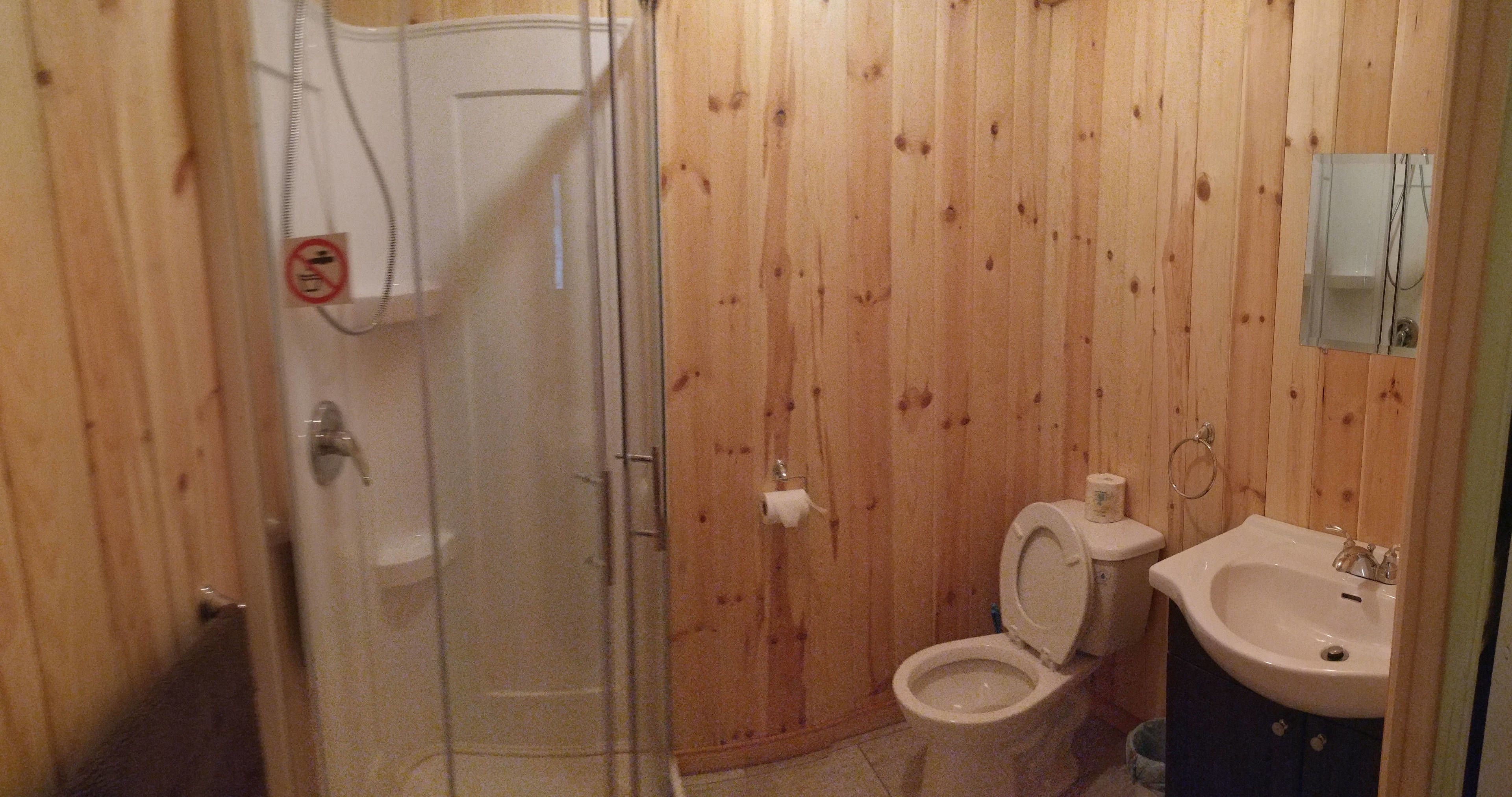 A wooden-paneled bathroom with a glass-enclosed shower, a toilet, and a sink.