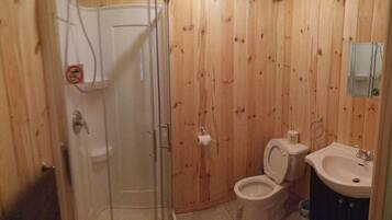 A wooden-paneled bathroom with a glass-enclosed shower, a toilet, and a sink.
