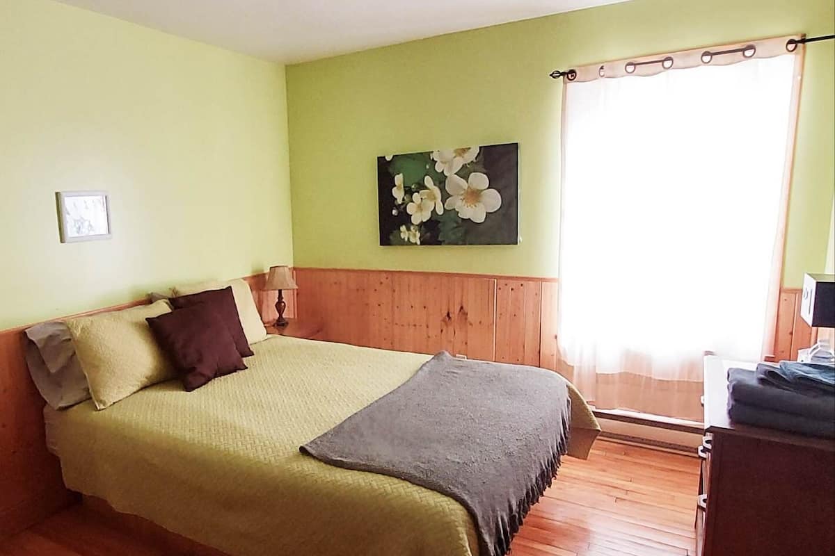Una stanza con un letto, pavimento in legno, una ventola a soffitto, una finestra con tende e un quadro appeso al muro.
