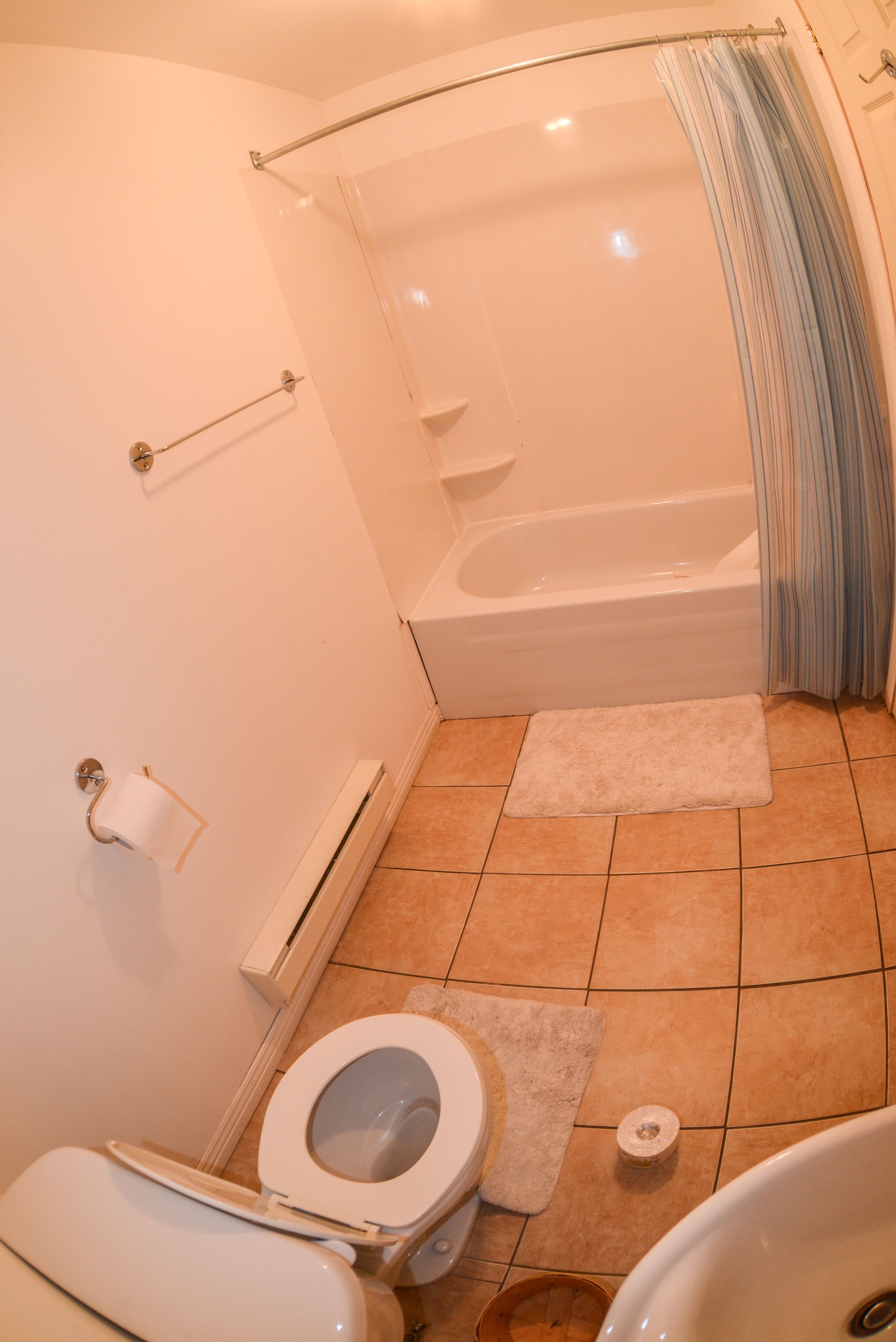 Un baño con inodoro, bañera y cortina de ducha.