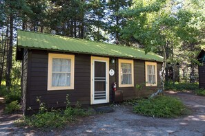 Une petite cabane avec un toit vert, deux fenêtres et une porte.
