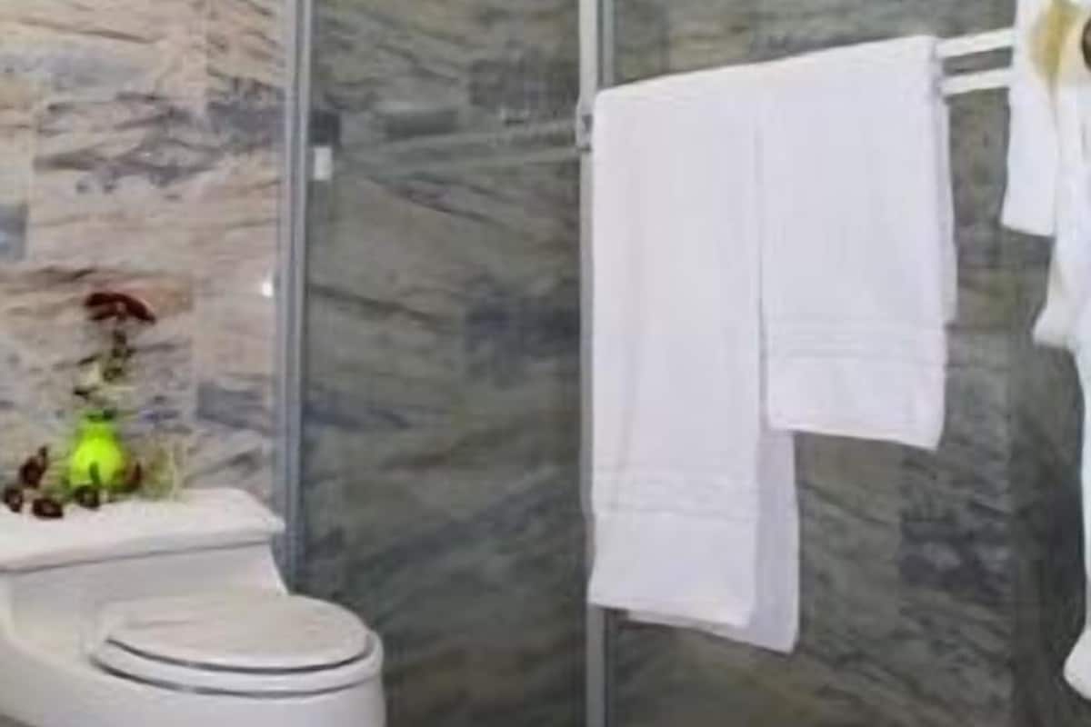Ein Badezimmer mit Duschkabine aus Glas, Toilette und Marmorwand.