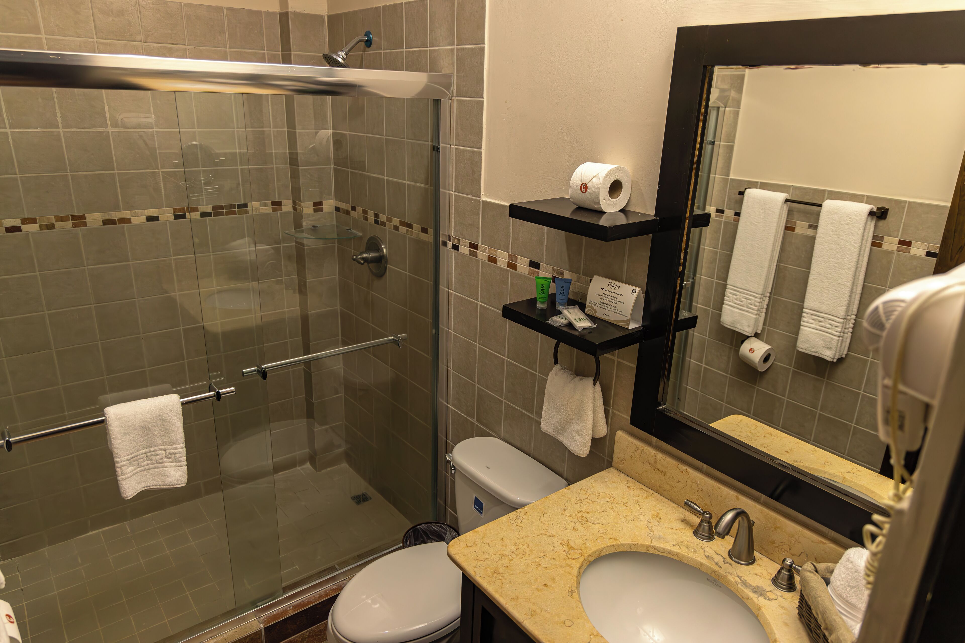 deluxe suite | bathroom | shower, free toiletries, hair dryer, towels