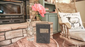 Een gezellige woonkamer met een open haard, een roos in een vaas en een boek getiteld 'The Popular Cyclopedia Useful Knowledge'.