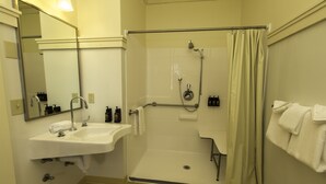 A bathroom with a shower, sink, and mirror.