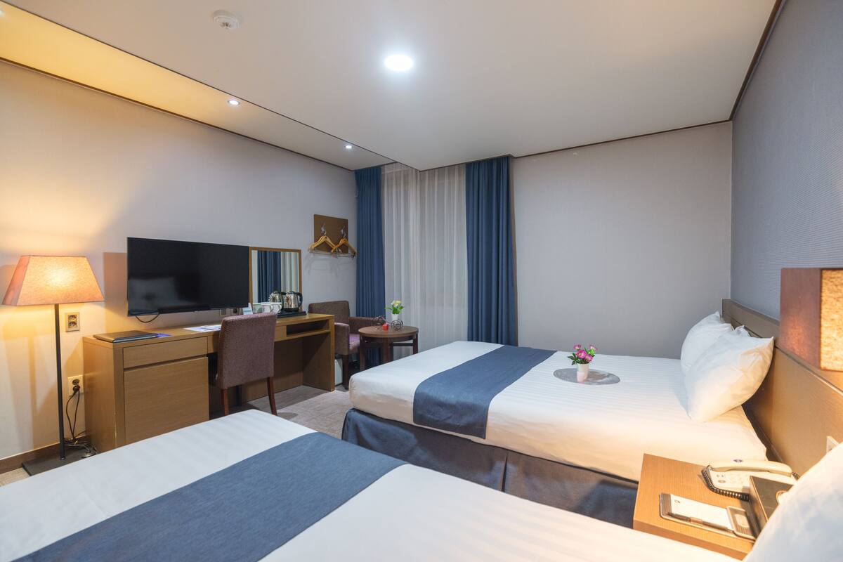 Habitación de hotel con dos camas, un escritorio con televisor, una silla, una mesita con una planta y una lámpara.