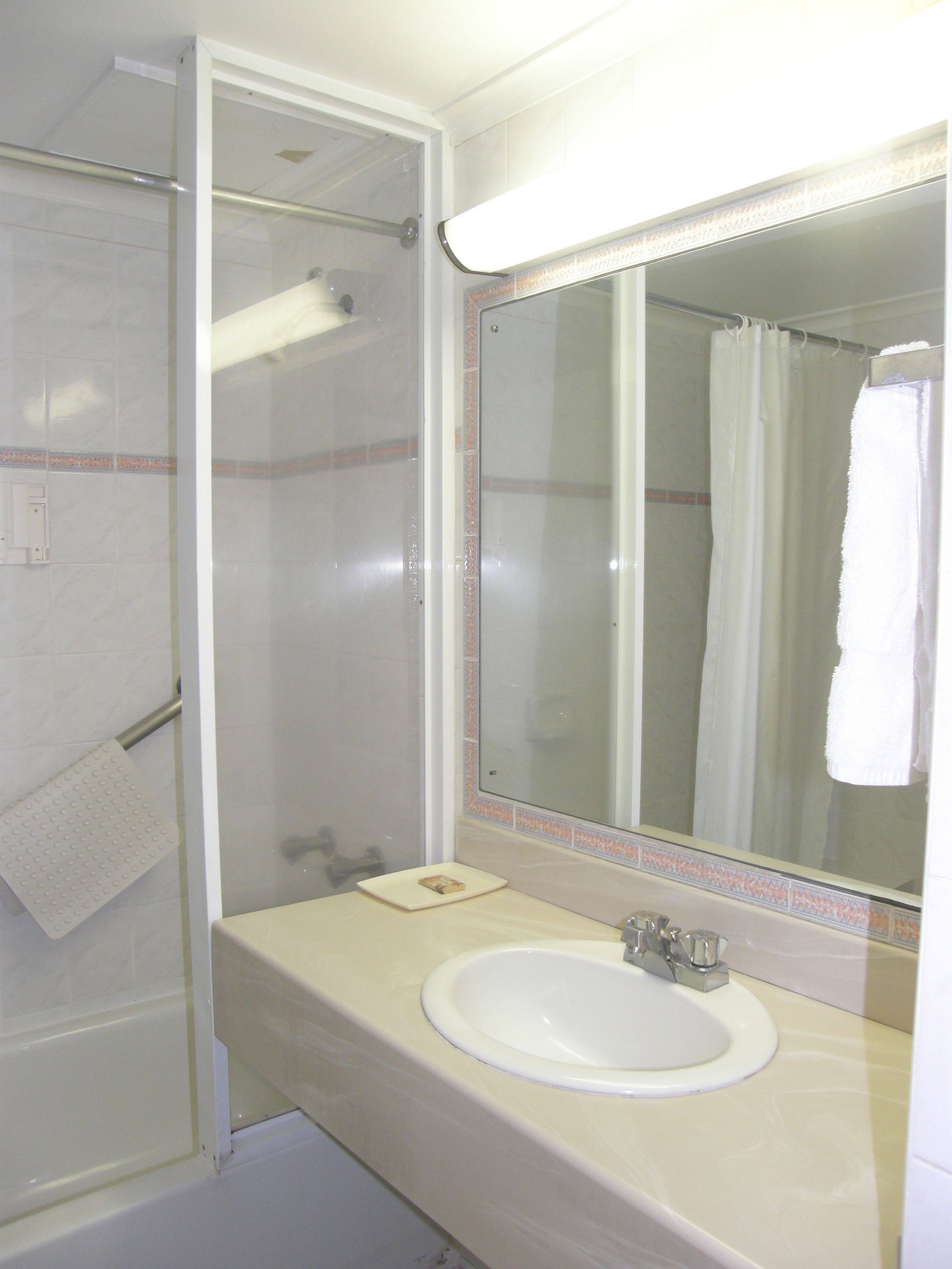 A bathroom with a shower, a sink, and a mirror.