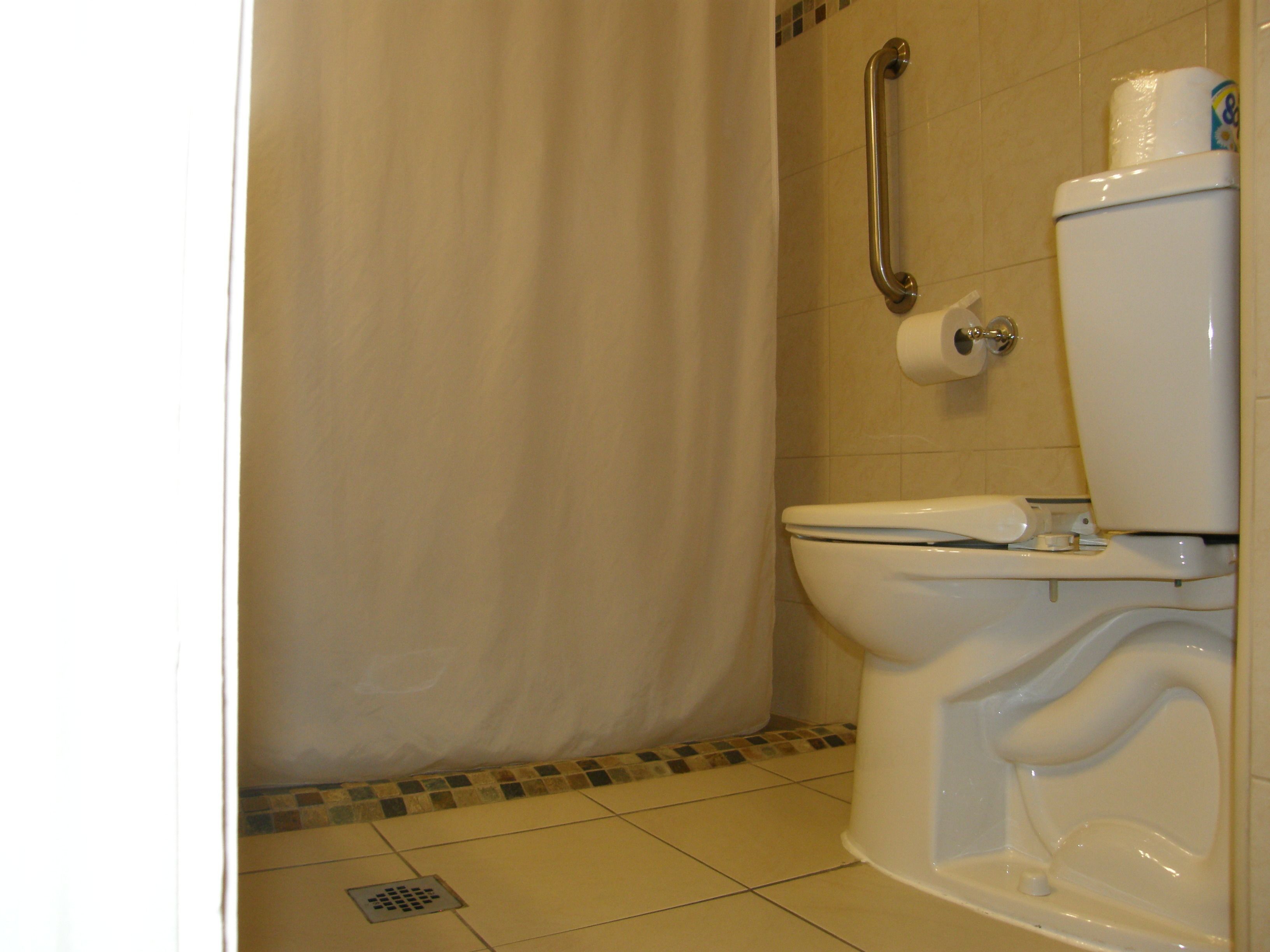 A bathroom with a toilet, a shower curtain, and a grab bar.