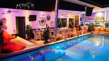 Outdoor pool, pool umbrellas, pool loungers