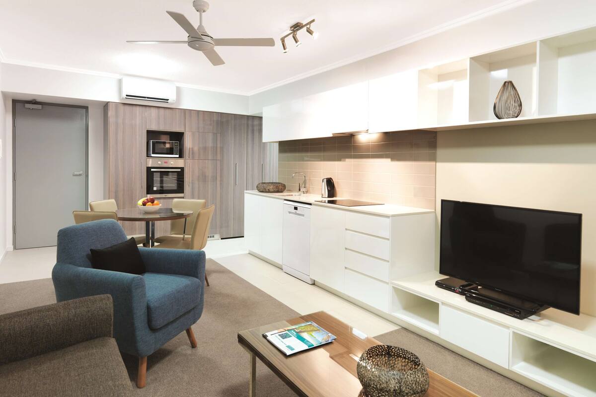 fridge, microwave, electric kettle