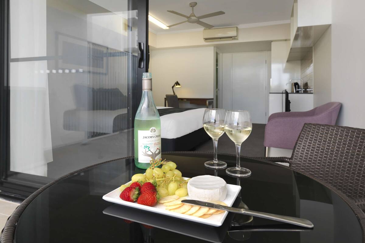 2 bedrooms, desk, laptop workspace, iron/ironing board