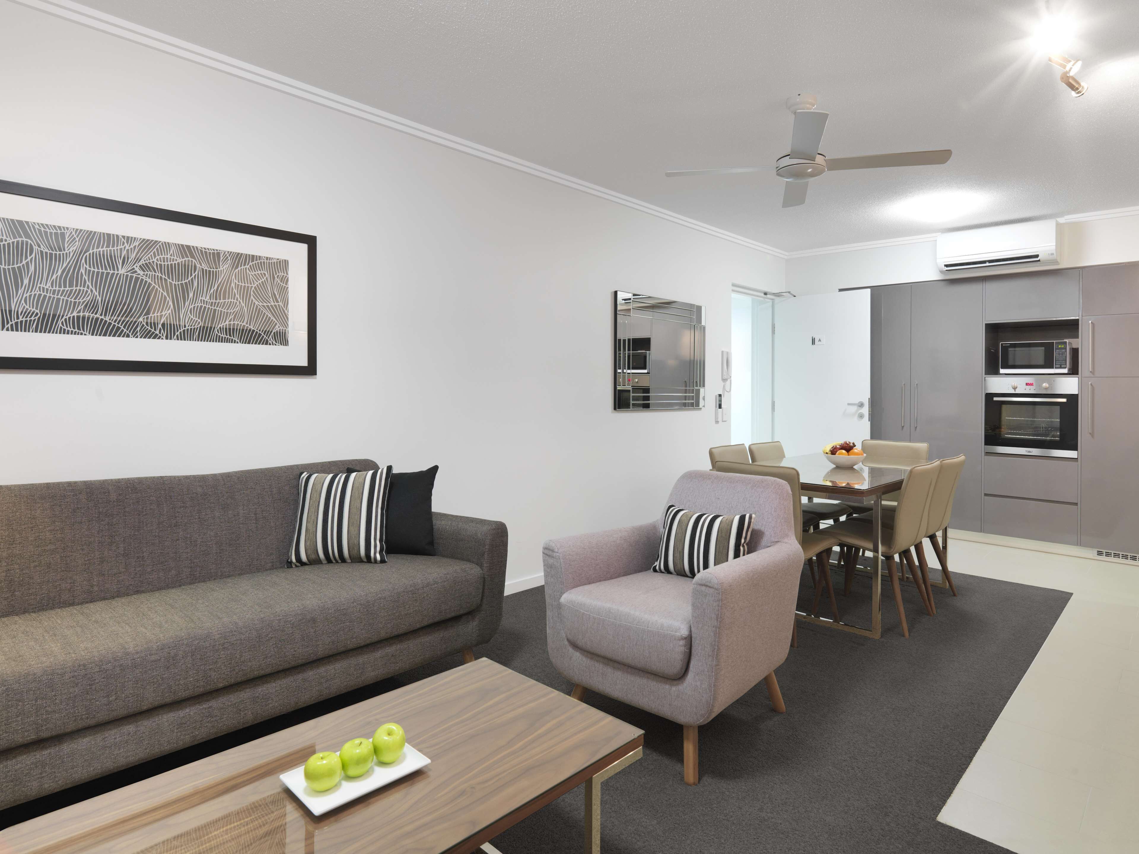 2 bedrooms, desk, laptop workspace, iron/ironing board