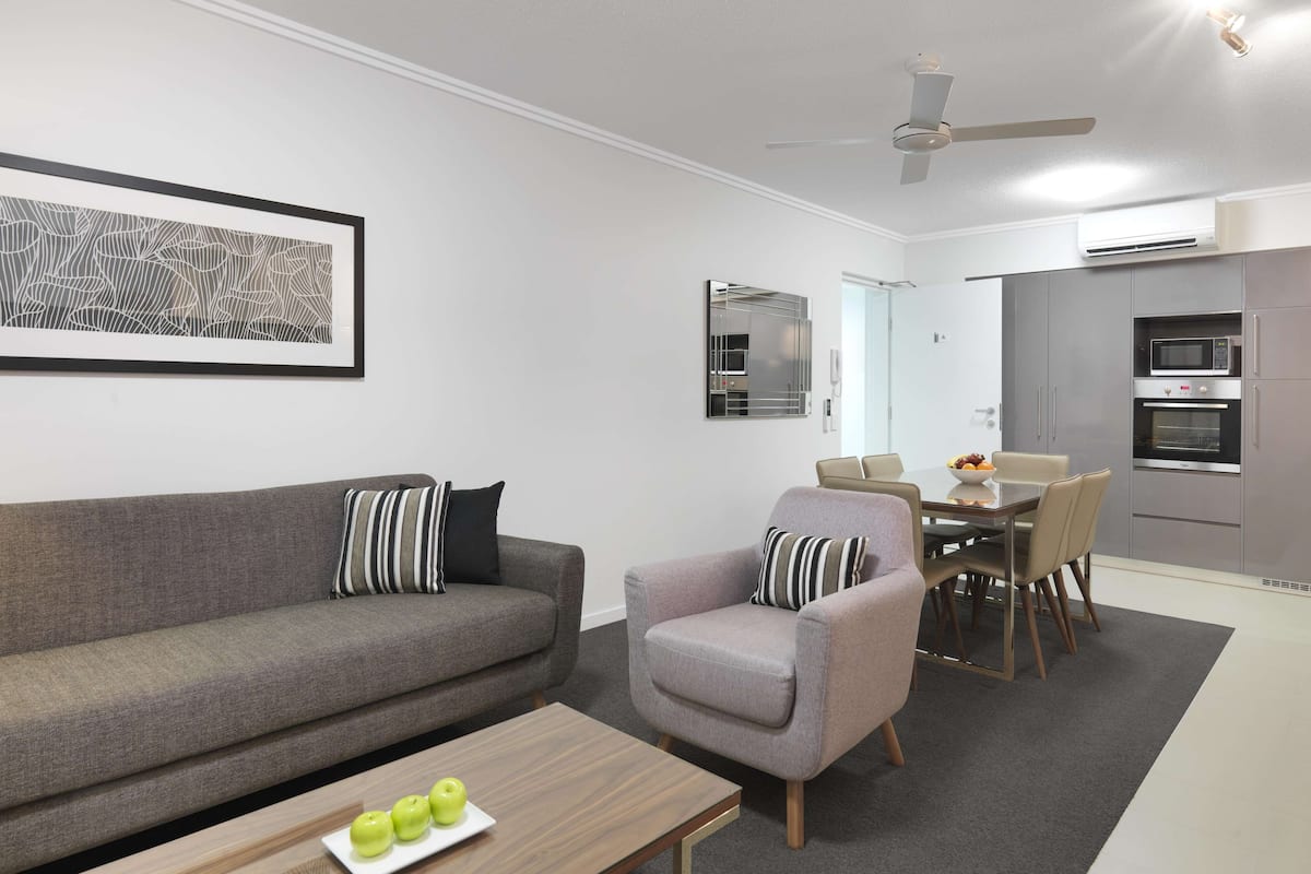 2 bedrooms, desk, laptop workspace, iron/ironing board