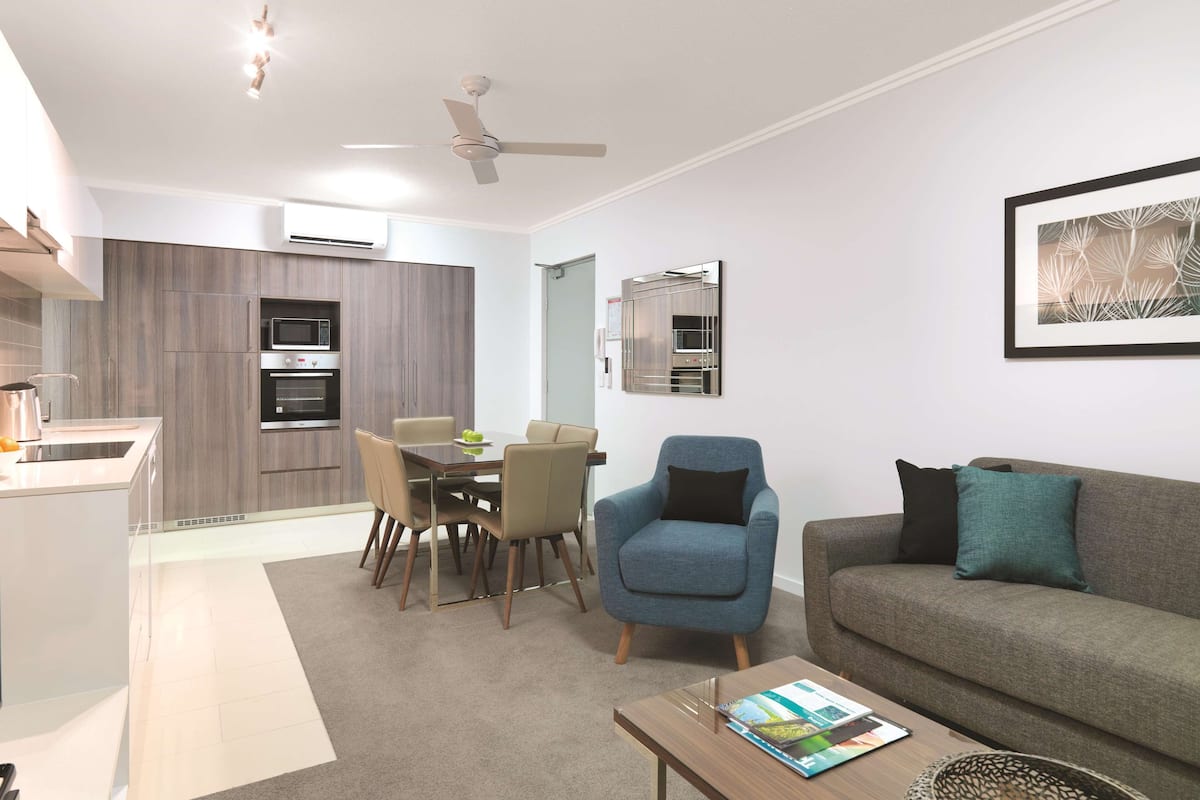 2 bedrooms, desk, laptop workspace, iron/ironing board