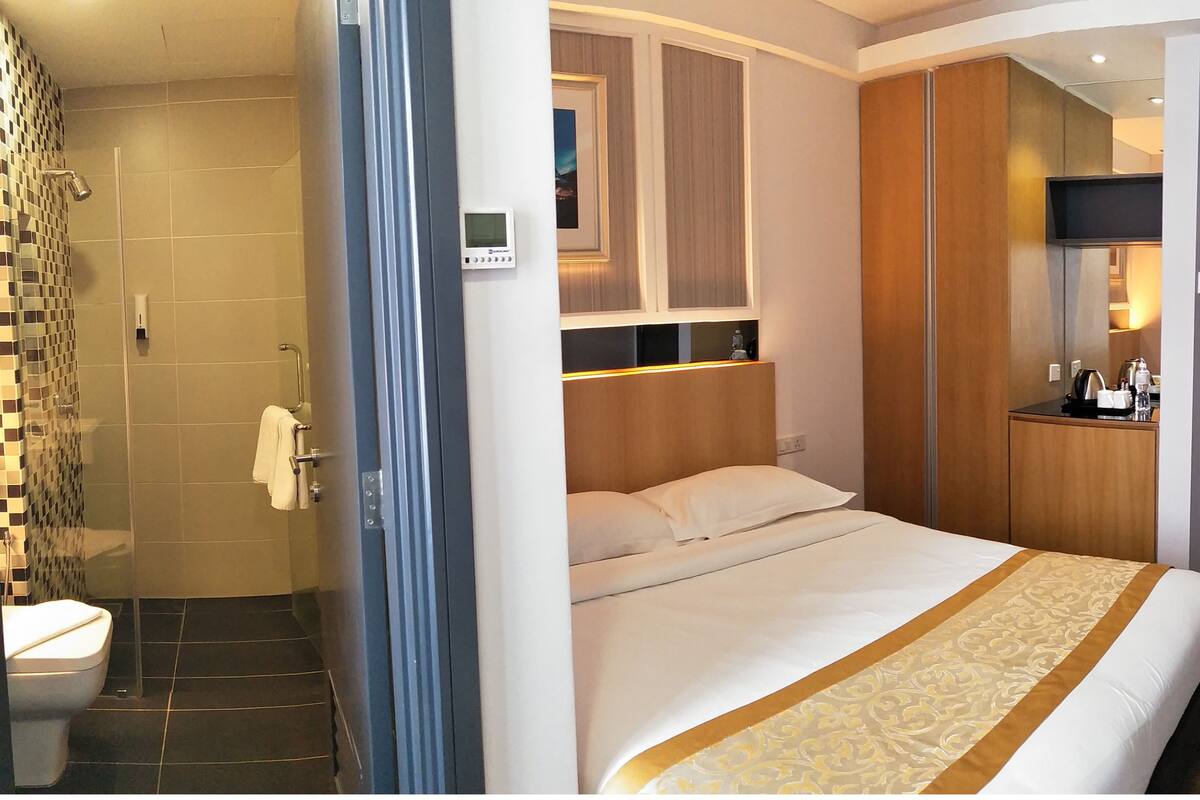 A hotel room with a shower, a toilet, a bed with a decorative bedspread, a wooden wardrobe, and a small kitchenette with a coffee maker.